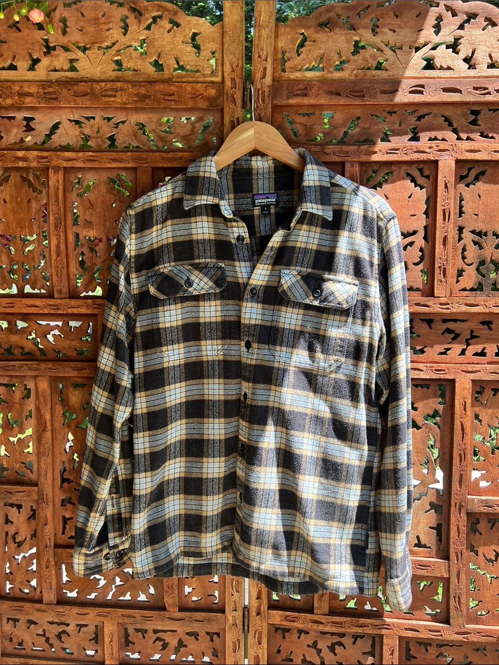 Patagonia Black, Blue & Tan Plaid Flannel Shirt